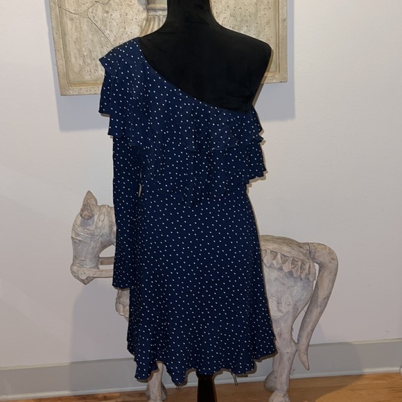 WAYF one shoulder ruffle blue white polka dot mini dress M - Picture 8 of 12